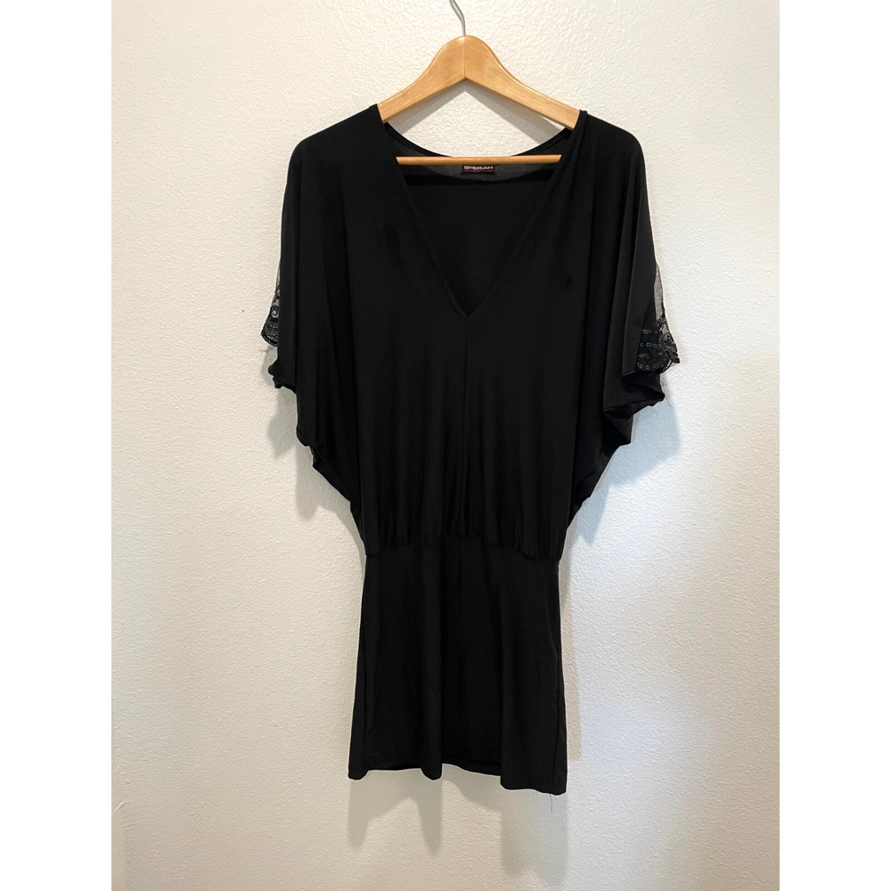 Vintage Womens Mini Dress Small Black Dolman Lace Trim Sequin Witchy Whimsigoth